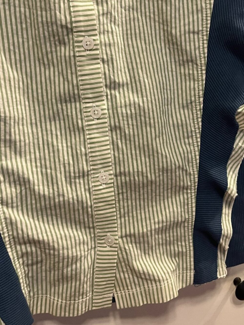 Anthropologie Mixed Media Ruffle Ribbed Striped Button Back Top Blue - Picture 4 of 5